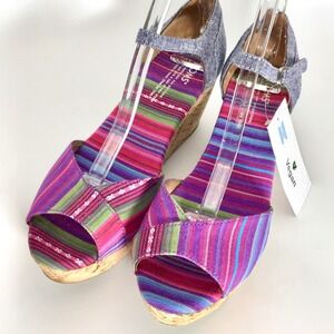 NEW TOMS Women's 9 Multicolor Fabric Wedge Sandals‎ Cork Heels Tribal Striped